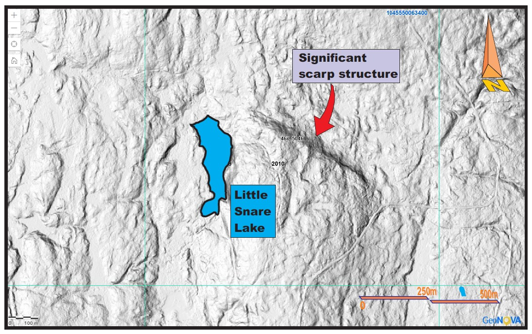 Lidar hillshade of the Little Snare Lake claim block.